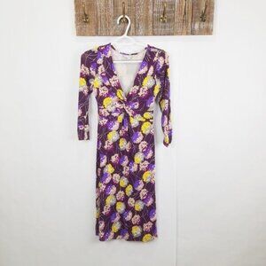Boden Dress Womens 2 Purple Floral 3/4 Sleeve Knee Length